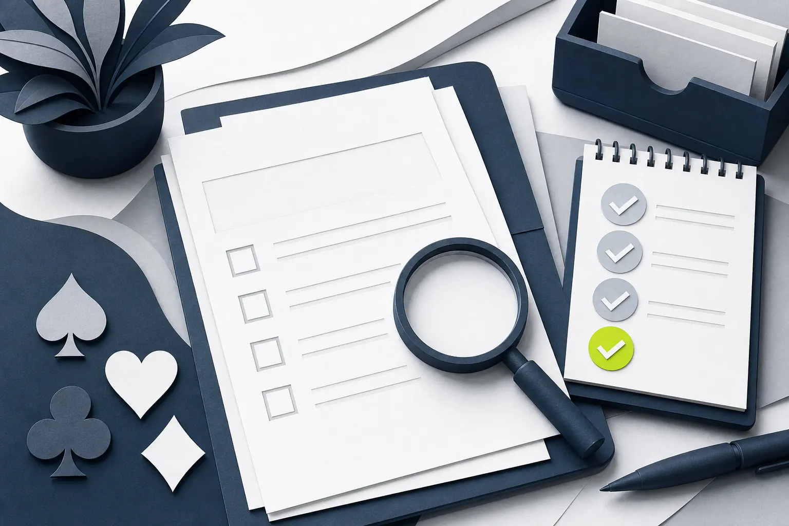 Review sheets, card suits and a magnifying glass arranged on an editorial desk