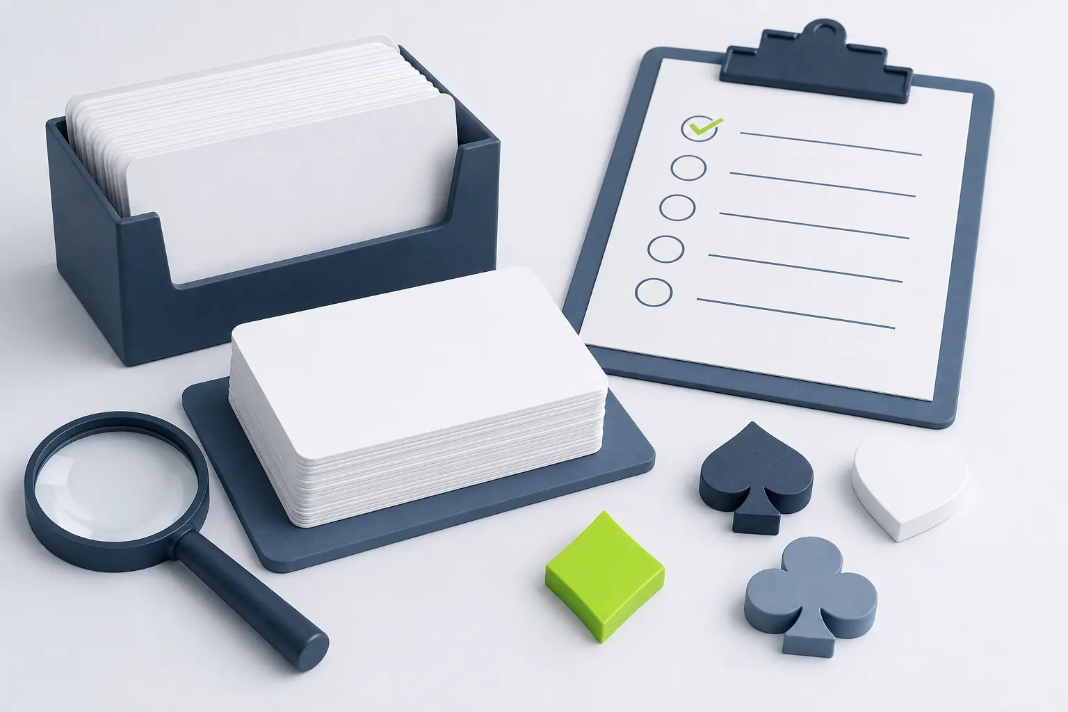 Question cards, checklist, magnifying glass and generic card suits
