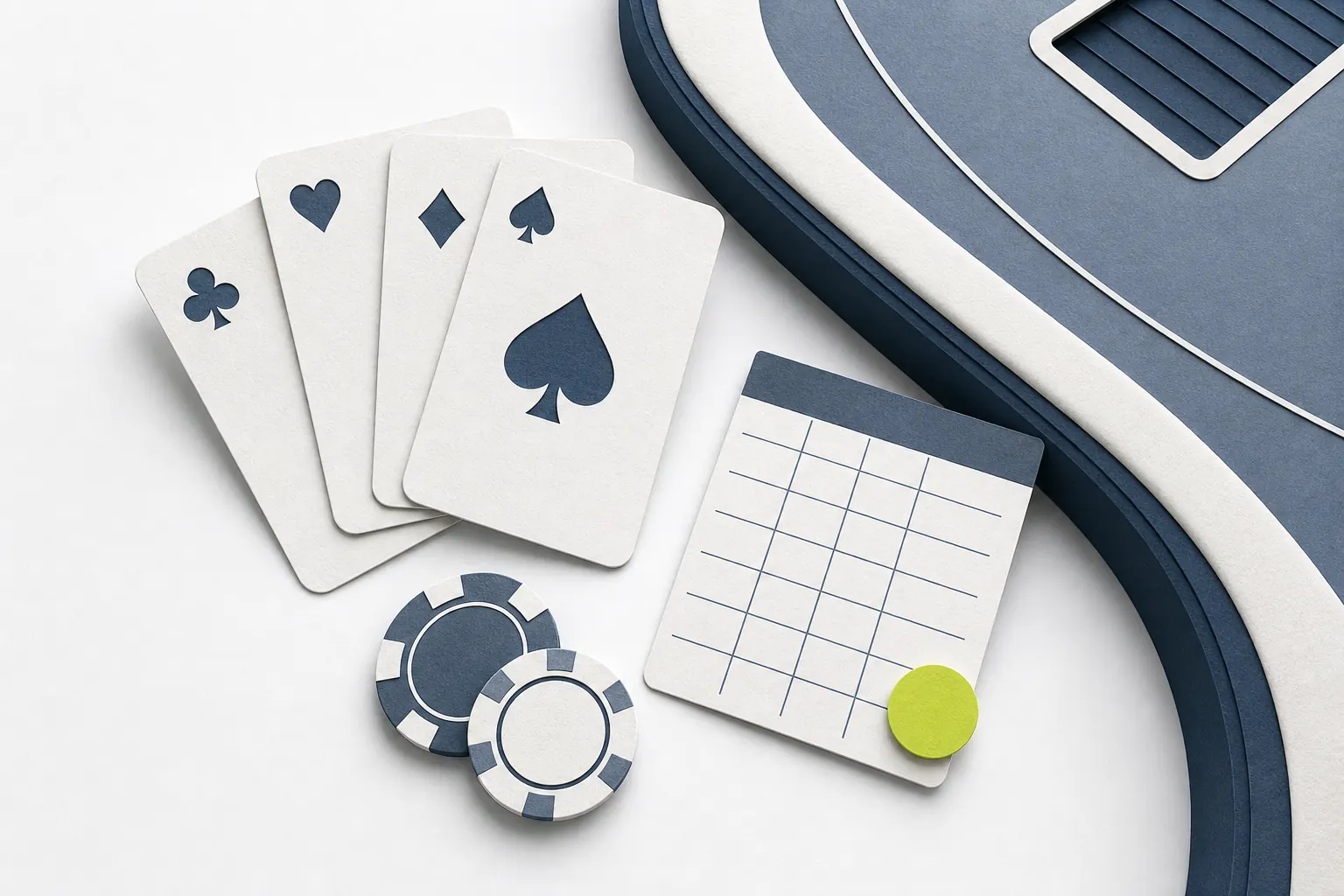 Generic playing cards, chips and a comparison score sheet