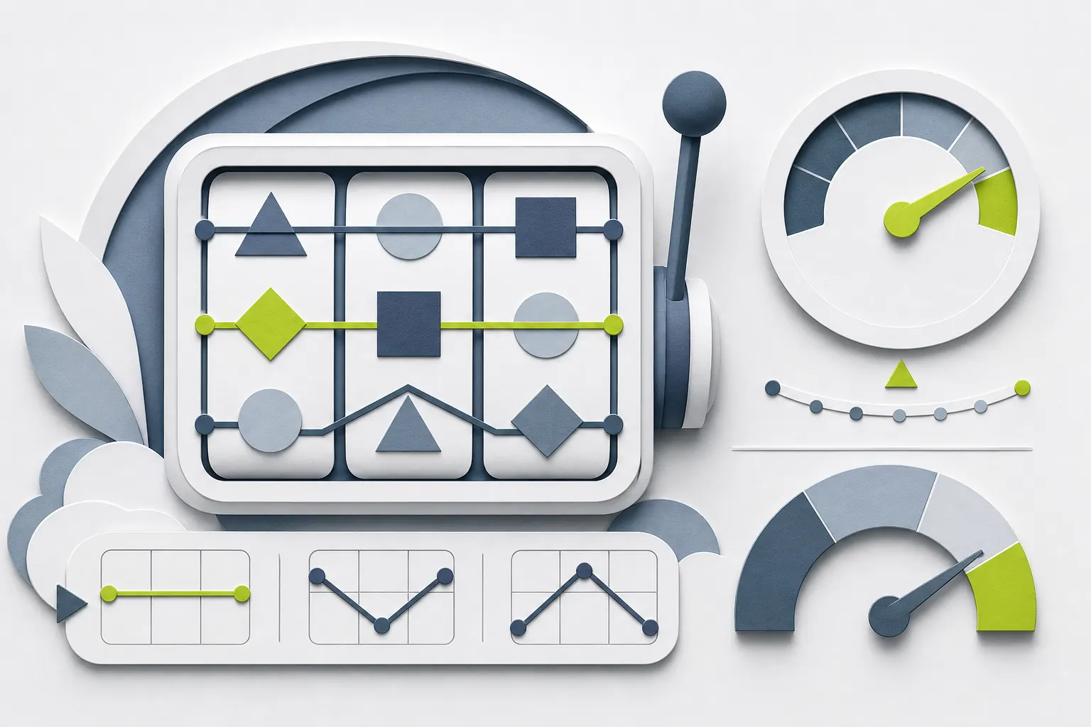 Generic three-reel slot diagram with paylines and volatility gauges